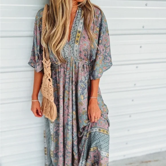 Floral Bohemian Kimono Maxi Dress - Picture 2 of 6
